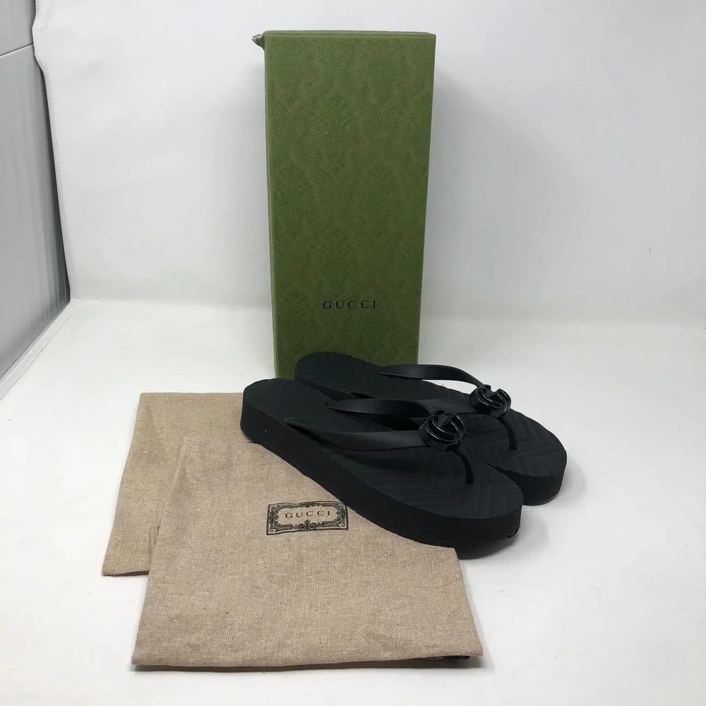 Gucci Platform Thong Sandals 40 US 9.5 Womens Nero Black Double G Marmont Italy
